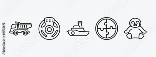 toys outline icons set. toys icons such as dump truck toy, steering wheel toy, boat toy, puzzle penguin vector. can be used web and mobile.
