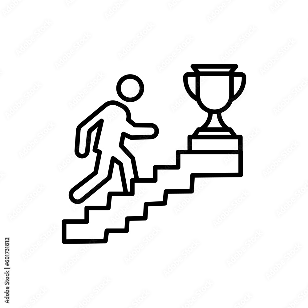 Man runnig up the stairs toward trophy cup. Success symbol. Vector icon Man runnig up the stairs toward trophy cup. Success symbol. Vector icon