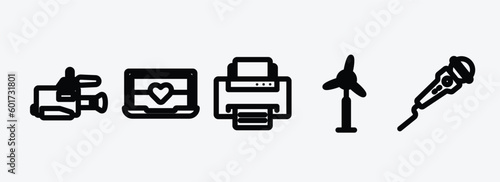 technology outline icons set. technology icons such as video camera side view, laptop with a heart, printing, eolic, mic with long cable vector. can be used web and mobile.