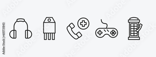 technology outline icons set. technology icons such as big headphones, transistor, hospital phone, antique gamepad, phone box vector. can be used web and mobile.