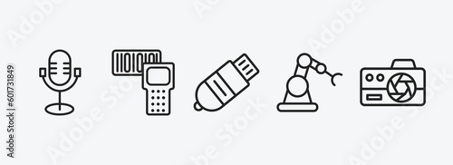 technology outline icons set. technology icons such as old mic, portable scanner, inclined pendrive, robotic hand, photograph camera vector. can be used web and mobile.