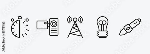 technology outline icons set. technology icons such as half hour, video camera front view, cell tower, light bulb turned off, digital pen vector. can be used web and mobile.