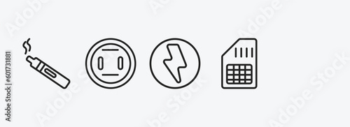 technology outline icons set. technology icons such as basic microphone, electronic cigarette, round socket, green flash, big vector. can be used web and mobile.