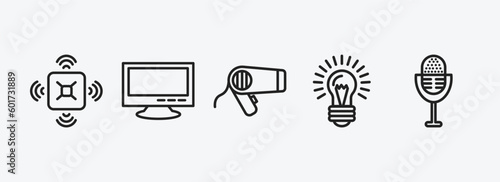 technology outline icons set. technology icons such as naensor, big tv, hairdressing tools, old light bulb, radio microphone vector. can be used web and mobile.