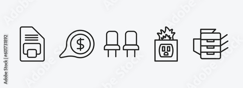 technology outline icons set. technology icons such as big floppy disk, receive money message, chairs, electric socket on fire, photocopier vector. can be used web and mobile.