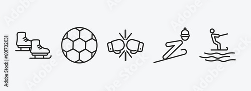 sports outline icons set. sports icons such as ice skates, soccer football ball, two boxing gloves, jumping ski, jet surfing vector. can be used web and mobile.