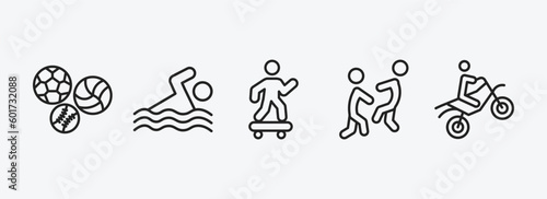sports outline icons set. sports icons such as balls, swimming figure, skating, aikido, motocross vector. can be used web and mobile.
