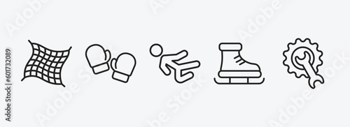 sports outline icons set. sports icons such as fishing net, boxing glove, karate fighter, ski boots, equipment vector. can be used web and mobile.