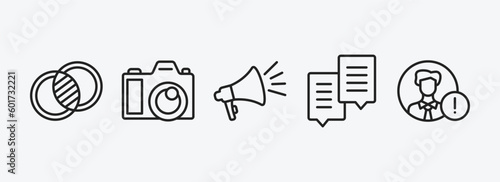 social media marketing outline icons set. social media marketing icons such as overlap, big photo camera, ads, chat box, user warning vector. can be used web and mobile.