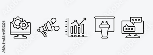 social media marketing outline icons set. social media marketing icons such as system, announcement, stadistics, seminar, flats vector. can be used web and mobile.