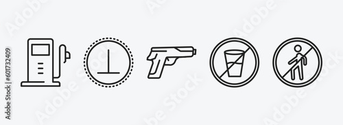 signs outline icons set. signs icons such as gas station, perpendicular, guns, no drinks, no entry vector. can be used web and mobile.