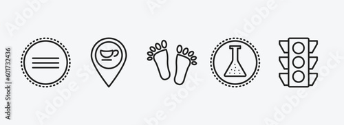 signs outline icons set. signs icons such as identical to, coffee shop, barefoot, chemical products, traffic light vector. can be used web and mobile.