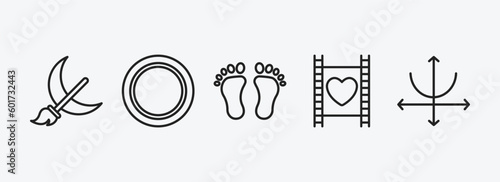 shapes outline icons set. shapes icons such as moon and broom, blank circle, human foot prints, film strip with heart, parabola vector. can be used web and mobile.