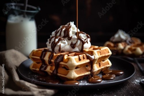 mouthwatering waffles with whipped cream and chocolate sauce drizzled over photo