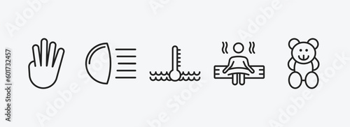 shapes outline icons set. shapes icons such as four finger in hand, high beam, engine coolant, spa room, toys vector. can be used web and mobile.