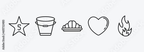 shapes outline icons set. shapes icons such as star with number five, empty bucket, reign, black heart, fire over line vector. can be used web and mobile.