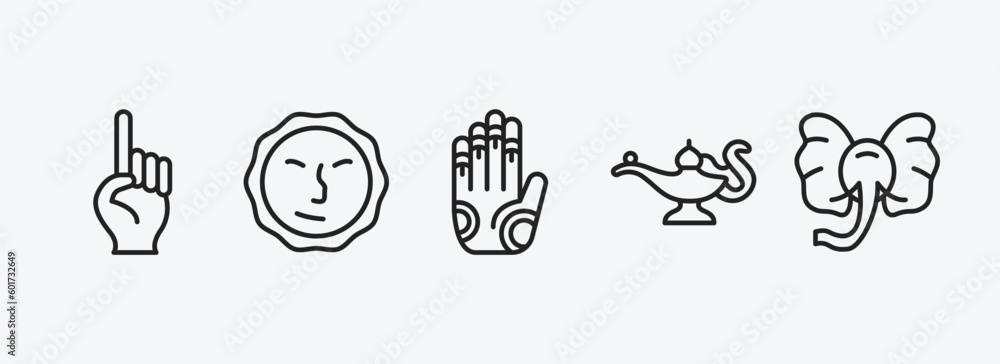 religion outline icons set. religion icons such as one god, induence, henna painted hand, genie lamp, elephant vector. can be used web and mobile. religion outline icons set. religion icons such as one god, induence, henna painted hand, genie lamp, elephant vector. can be used web and mobile.