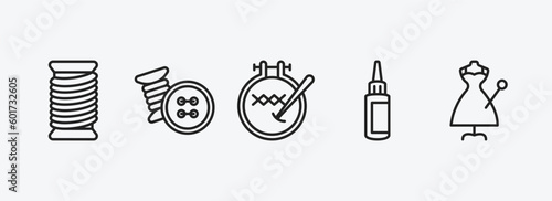 sew outline icons set. sew icons such as thread, sewing tools, embroidery hoop, glue, sewing vector. can be used web and mobile.