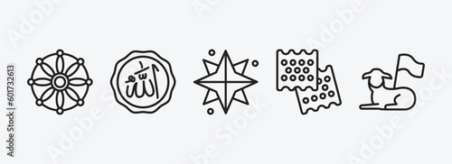religion outline icons set. religion icons such as dharma, allah word, holy star, matzo, lamb of god vector. can be used web and mobile.