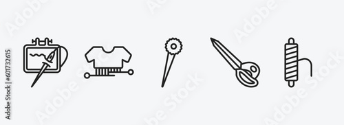 sew outline icons set. sew icons such as needlework, hand craft, pin, cutting tool, threads vector. can be used web and mobile.