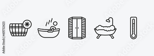 sauna outline icons set. sauna icons such as cold plunge, 2steam bath, infrared heat cabin, hamam, core temperature vector. can be used web and mobile.