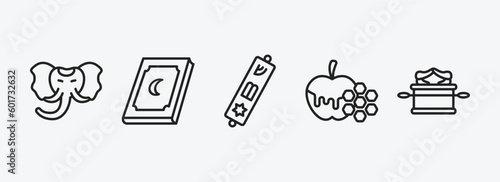 religion outline icons set. religion icons such as holy elephant, holy quran, mezuzah, and honey, ark of the convenant vector. can be used web and mobile.