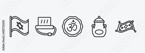 religion outline icons set. religion icons such as israel flag, tefilin, hindu, manna jar, magic carpet vector. can be used web and mobile.