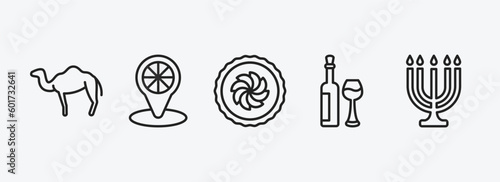 religion outline icons set. religion icons such as dromedary, india, cake, hebrew wine, big menorah vector. can be used web and mobile.