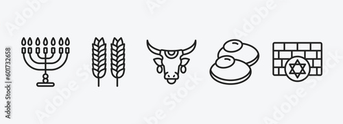religion outline icons set. religion icons such as jewish candles, israel barley, sacred cow, gefilte fish, kotel vector. can be used web and mobile.