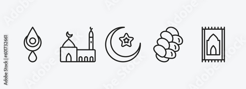 religion outline icons set. religion icons such as bindi, medina, crescent moon and star, challah, praying mat vector. can be used web and mobile.