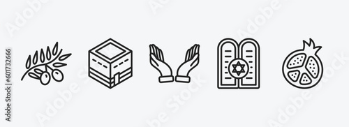 religion outline icons set. religion icons such as olive branch, kaaba mecca, dua hands, halakha, half pomegranate vector. can be used web and mobile.