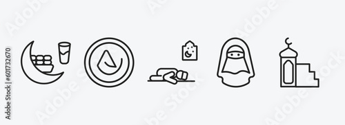 religion outline icons set. religion icons such as fasting, asceticism, sujud posture, hijab veil, minbar vector. can be used web and mobile.