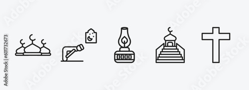 religion outline icons set. religion icons such as abrahamic, ruku posture, old oil lamp, islamic minbar, christian vector. can be used web and mobile.