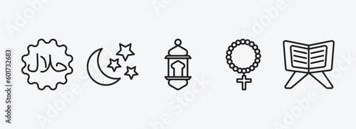 religion outline icons set. religion icons such as halal, star and crescent moon, arabian lantern, raya rosary, quran rehal vector. can be used web and mobile.