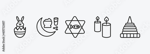 religion outline icons set. religion icons such as easter bunny, ramadan fasting, inclined fish, candles, doi suthep vector. can be used web and mobile.