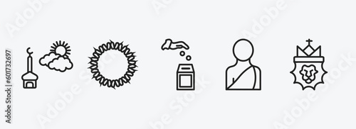 religion outline icons set. religion icons such as ramadan sunrise, crown of thorns, sadaqah charity, buddhist monk, lion of judah vector. can be used web and mobile.
