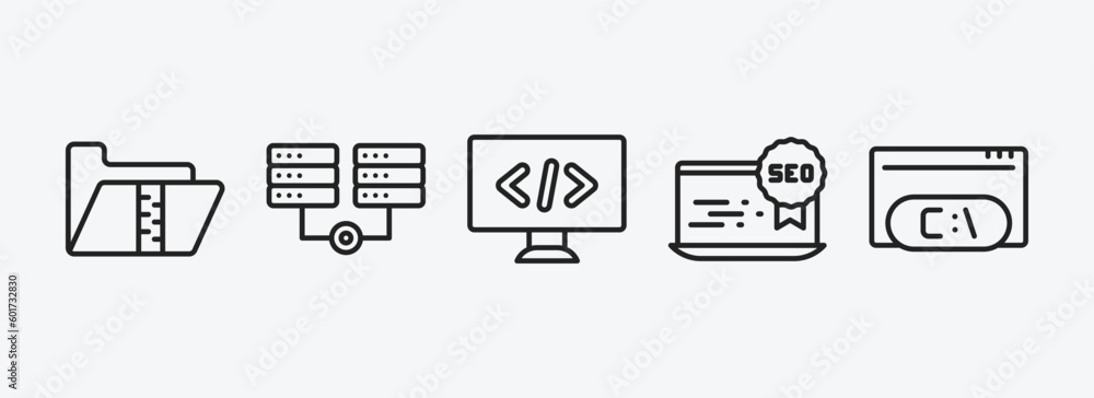 programming outline icons set. programming icons such as archive, hosting, seo tags, seo reputation, command vector. can be used web and mobile.