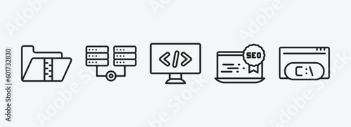 programming outline icons set. programming icons such as archive, hosting, seo tags, seo reputation, command vector. can be used web and mobile.