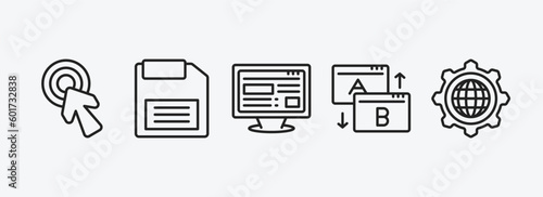 programming outline icons set. programming icons such as click, floppy disk, adaptive layout, testing, cyberspace vector. can be used web and mobile.