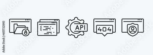 programming outline icons set. programming icons such as encripted file, page, api, 404 error, authorize vector. can be used web and mobile.