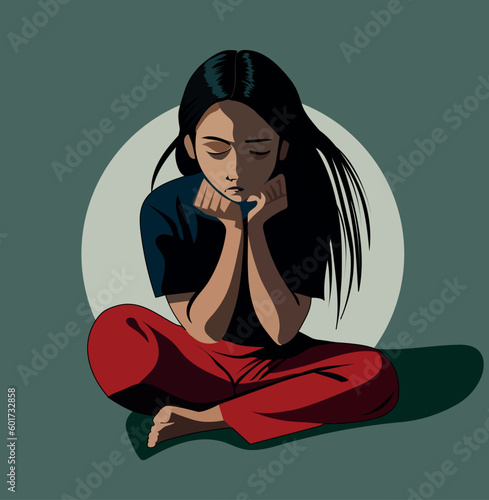 Child abuse, social problems, bullying, little girl with crossed legs crying helpless. Problems in the family. Violence against minors
