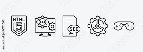 seo outline icons set. seo icons such as html5, engineering, seo report, cogwheel, console vector. can be used web and mobile.