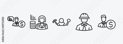 professions outline icons set. professions icons such as financial advisor, actuary, archeologist, civil engineer, accountant vector. can be used web and mobile.