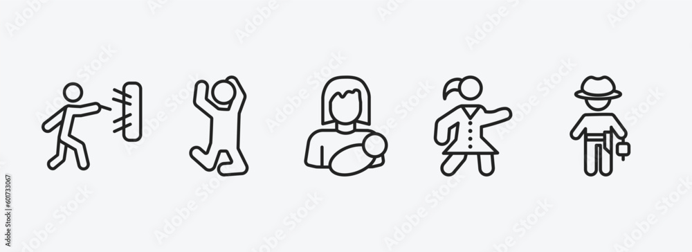 people outline icons set. people icons such as man throwing a dart, man jumping, breastfeeding, scholar girl front, cowboy with a gun vector. can be used web and mobile.