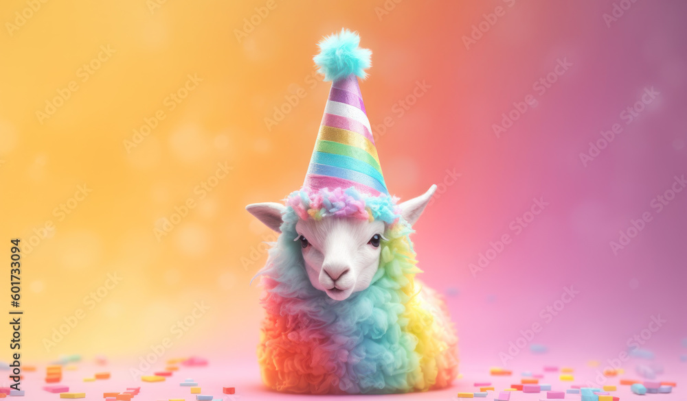 Rainbow colored sheep with rainbow colored birthday hat. Orange pink Pastel background and confetti. Generative AI.