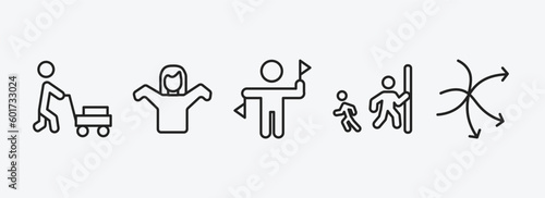 people outline icons set. people icons such as person mowing the grass, getting dressed, flag semaphore language, hide and seek, complex vector. can be used web and mobile.