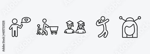people outline icons set. people icons such as man thinking about love, father and son shopping, students, shot put, japanese geisha vector. can be used web and mobile.