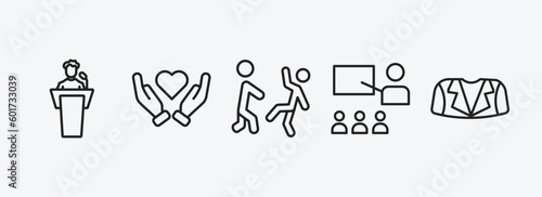 people outline icons set. people icons such as man giving a speech, heart in hands, helping other to jump, classes, women suit vector. can be used web and mobile.