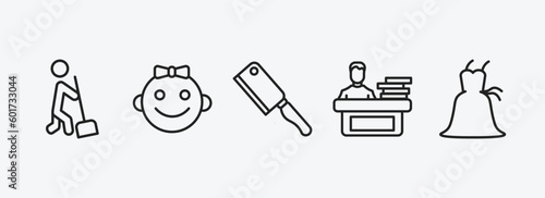 people outline icons set. people icons such as sweeping person, baby smile, butcher with knife, working at the office, bridesmaids vector. can be used web and mobile.