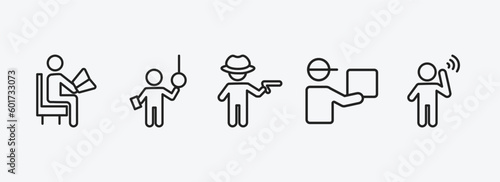 people outline icons set. people icons such as sitting man reading, ticket collector, criminal heist, curier, man hearing vector. can be used web and mobile.
